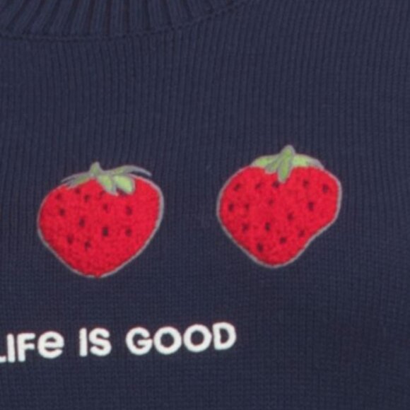 NWT LIFE IS GOOD Navy Strawberry Embroidered Graphic Cotton Pull Over Sweater - Picture 4 of 6